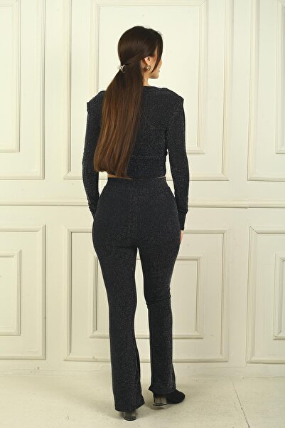 By Saygı Women's Elastic Waist Half Lined Spanish Leg Glitter Trousers