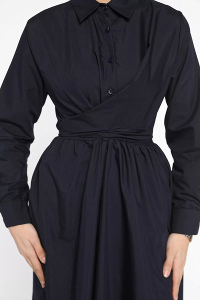 julude Navy Blue Waist Tied Half Button Hijab Dress