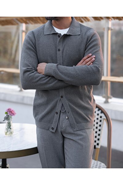 hateko 100% Cotton Gray Waffle Knitted Shirt Collar Knitwear Cardigan