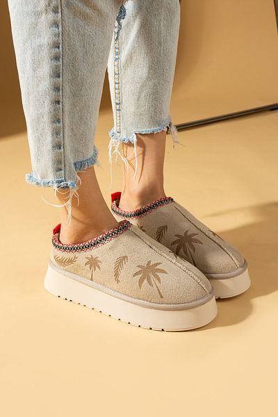 Ege's Shoes Women's Beige Floral Suede Sabo Inside Hairy Comfortable Sole Home Outdoor Slippers