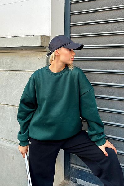 Swist Grünes, übergroßes Basic-Damen-Sweatshirt mit Rundhalsausschnitt und Fleece-Innenseite