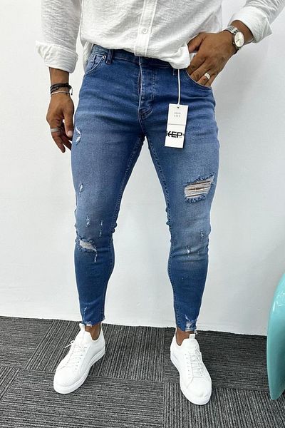 MADZEYMODA Ανδρικό τζιν με λεπτή εφαρμογή, με λεπτομέρεια μπλε τζιν