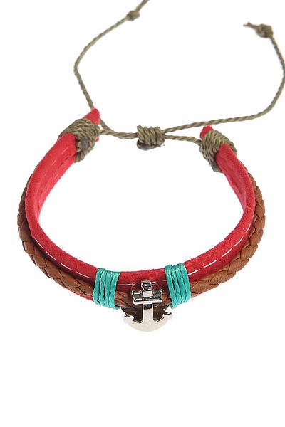 Rouge Ship Anchor Figure Leather and Drawstring Unisex Bracelet
