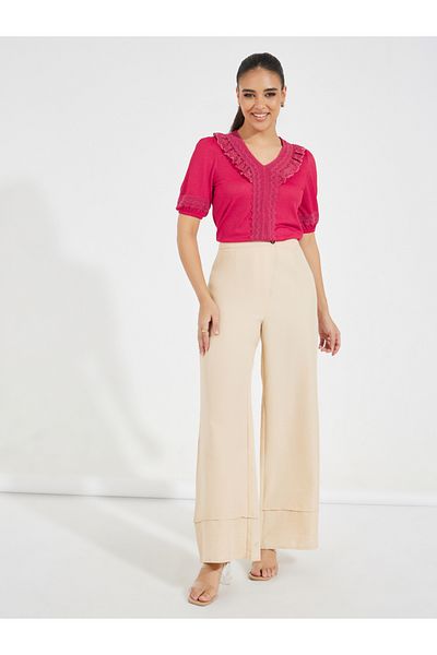 Styli Lace Insert Knit Top with Puff Sleeves