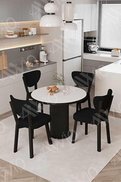 AVVİO Elma Yuvarlak Beyaz Mutfak Masa 4 Adet Sandalyeli Takım