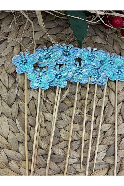 Deniz Party Store Blue Glossy Stone Butterfly Long Toothpicks 16 cm 10 Pieces