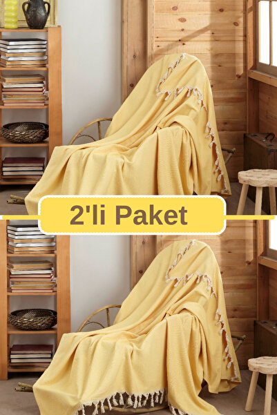 Miracolo Home 2li Sarı Pamuklu Tekli Koltuk Ve Berjer Örtüsü - Tv Battaniyesi Throw  120*150 Cm. Saçakları Bağlı