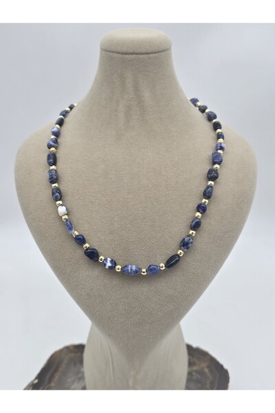 NBS Beautiful Naturel Stones Sodalit Doğal Taş Kolye ( Üçüncü Göz Çakra ) ( 40 cm + 5 cm uzatma Altın Kaplama )