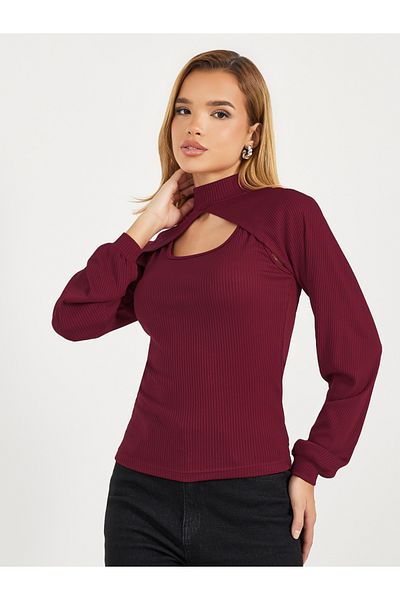 Styli High Neck 2in1 Style Ribbed Knit Layered Top