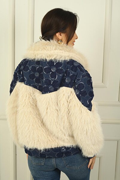 By Saygı Női virágos szövet részletes zsebbel bélelt bunda