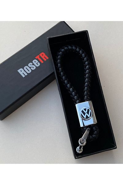 RoseTR Volkswagen Black Leather Braided Keychain - Vw Golf Polo Passat Tiguan Accessory