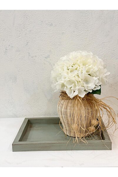 Maison Avf Set de 3 tavă din lemn de culoare lime, vază din ratan și floare artificială de hortensie