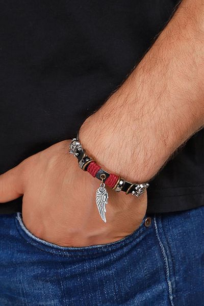 Rouge Wing Rose Figure Unisex Leather Bracelet