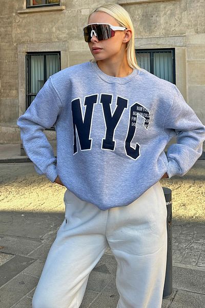 Swist Gray Season Nyc Printed Women's Sweatshirt with Cotton Inside