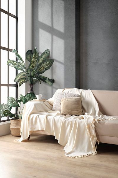 Miracolo Home Ecru Cotton Decorative Sofa Cover 170x230 Size Optimal Anti-Slip Design