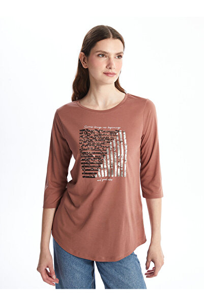 LC Waikiki LCWAIKIKI Basic Ανοιχτό καφέ γυναικεία μπλούζα με κέντημα με λαιμό...