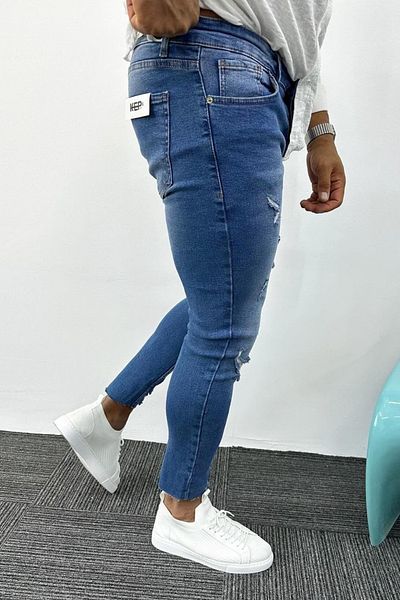 MADZEYMODA Ανδρικό τζιν με λεπτή εφαρμογή, με λεπτομέρεια μπλε τζιν