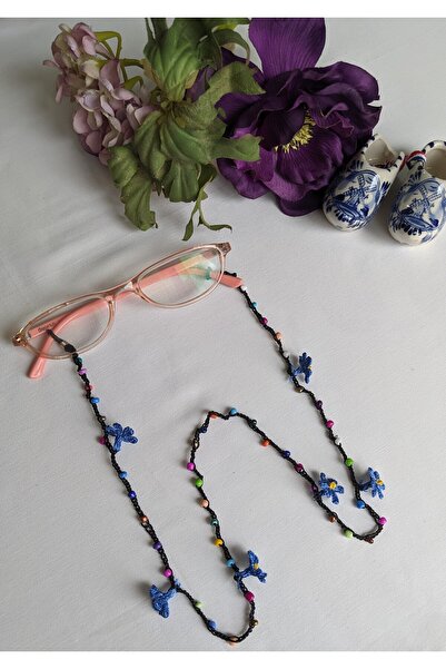 Bircan Hediyelik Papatya Tığ Oyası Cam Boncuklu Parlament Mavisi Gözlük İpi