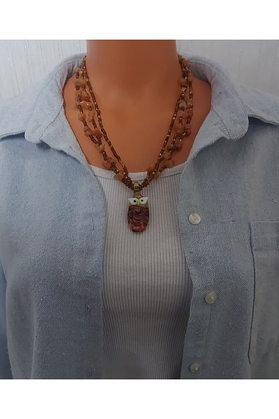 Virgo Agate Stone Necklace with Owl Icon