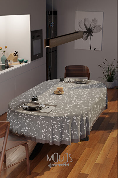 Moud's Gray Tree Branches Patterned Suede Fabric Care Free Oval Tablecloth