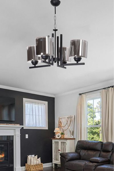 Modavize Atiye Classic Design Bedroom Living Room Living Room Kitchen Black Color Smoked Double Glass 4-Piece Chandelier