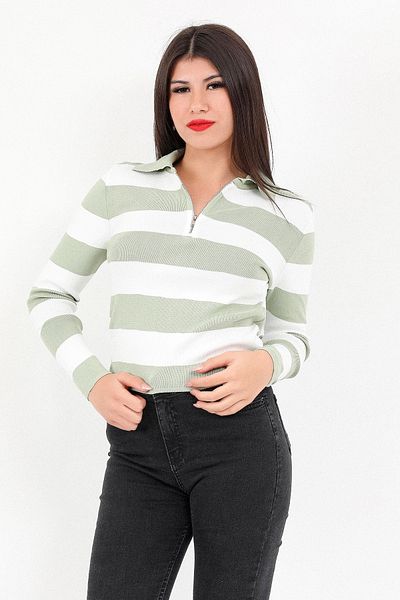 GİYSA Body de tricotaj cu jumătate de fermoar, cu guler polo, în dungi, verde deschis - 2012
