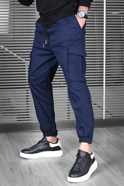 SERAZAT Men's Navy Blue Cargo Pocket Pants Jogger Pants with Side Pockets