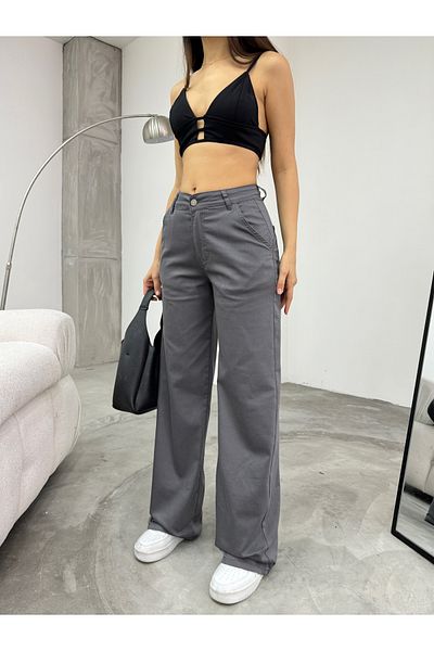 BİKELİFE Graue, flexible, weit geschnittene Palazzo-Hose aus Lycra mit hoher Taille für Damen