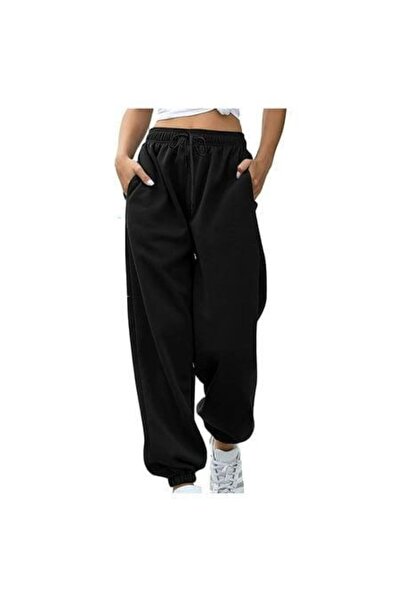 FİTGO Siyah 2 İplik Kadın Lastik Paça Eşofman Altı