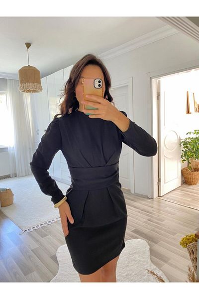 Modayakamoz Rochie de damă cu mânecă lungă, cu decolteu, cu centură în talie, din crep importat