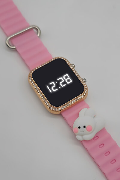 tutkanstore Yeni Model Taş Kaplamalı Gold Kasa Pembe Yanaklı Tavşan Figürlü Kız Çocuk Kol Saati 2025
