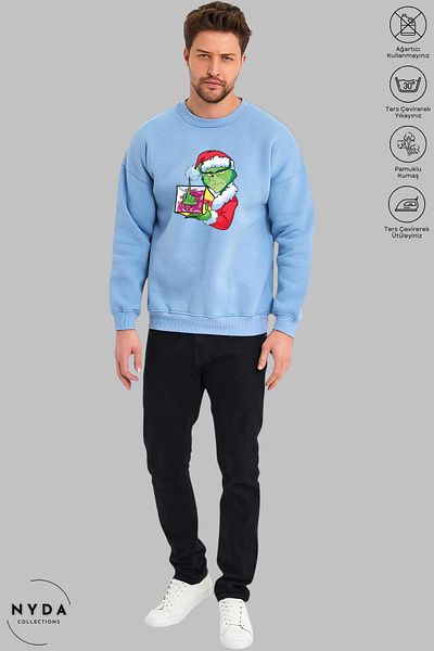 Nyda Collections Grinch Crăciun Anul Nou imprimat - Hanorac oversize fără glugă unisex cu mânecă lungă