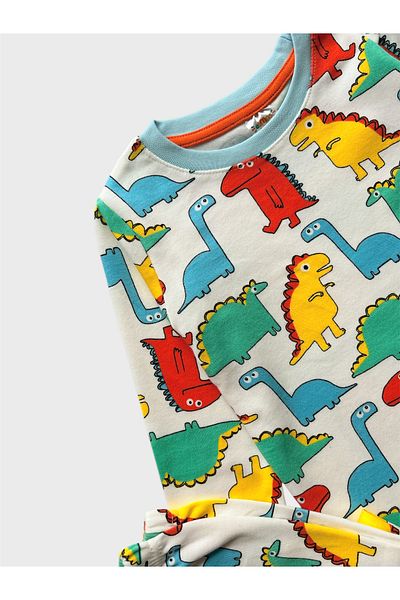 elmas kids Set de pijamale cu mânecă lungă pentru băiat, 100% bumbac, alb, cu model de dinozaur