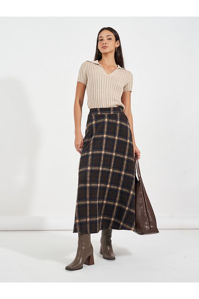 Styli Plaid Checked A-Line Midi Skirt