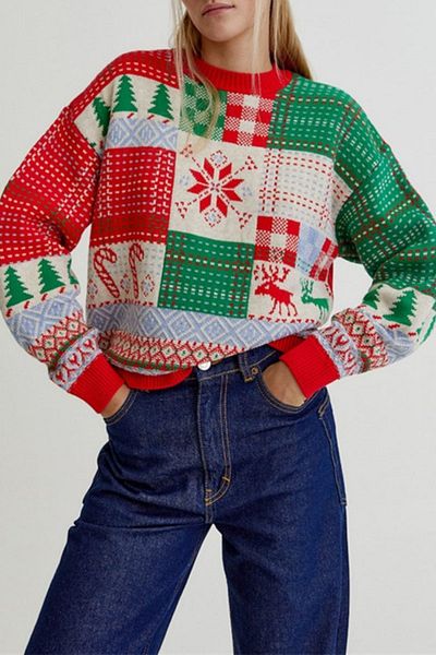 Miss Poem Women's Christmas and New Year's Themed Long Winter Red Knitwear Sweater