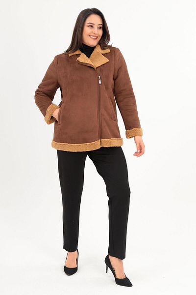 Metpoint Trend42Plus Large Size Suede Zipper Detailed Brown Coat with Fur Inside