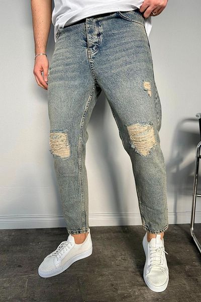 MADZEYMODA Boyfriend Mold Ανδρικό σκισμένο λεπτομερές μπλε τζιν παντελόνι KE-598