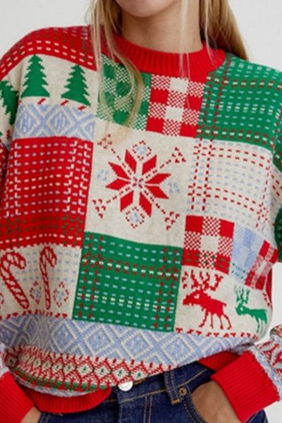 Miss Poem Women's Christmas and New Year's Themed Long Winter Red Knitwear Sweater