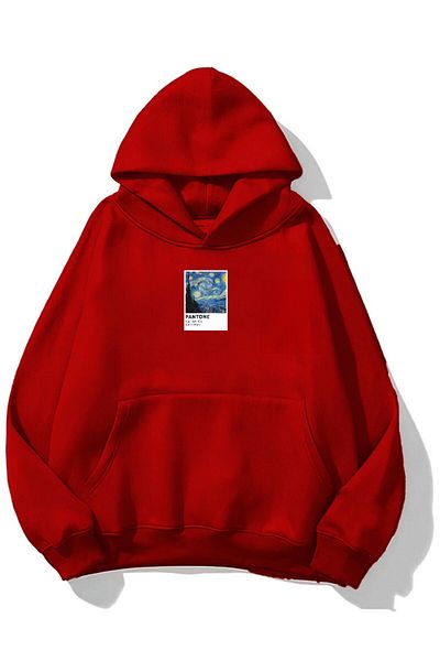 The Champ Clothing Hooded Fleece Starry Night Printed Red Unisex Oversize Hoodie Sweatshirt