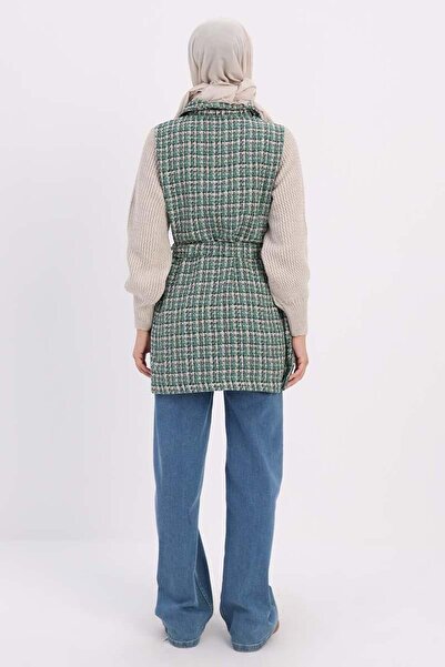 ALLDAY Green-Knitwear Garnished Belted Tweed Cardigan