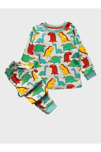 elmas kids Set de pijamale cu mânecă lungă pentru băiat, 100% bumbac, alb, cu model de dinozaur