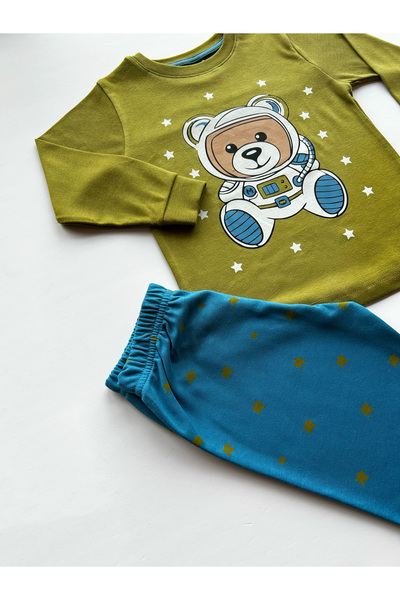 elmas kids Erkek Çocuk %100 Pamuklu Yeşil Mavi Minik Panda Astronot Desenli Uzun Kollu Kışlık Pijama Takımı