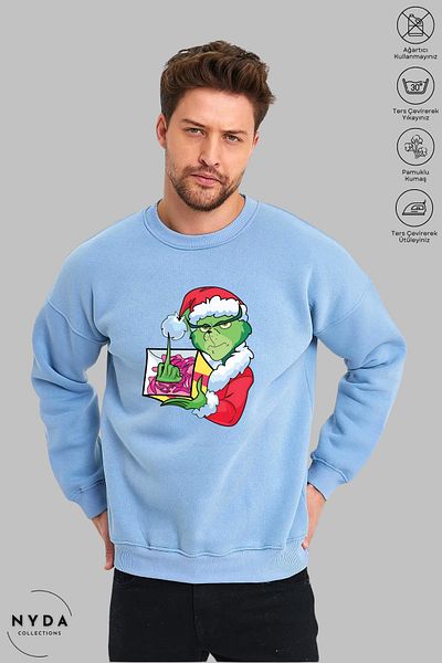 Nyda Collections Grinch Crăciun Anul Nou imprimat - Hanorac oversize fără glugă unisex cu mânecă lungă