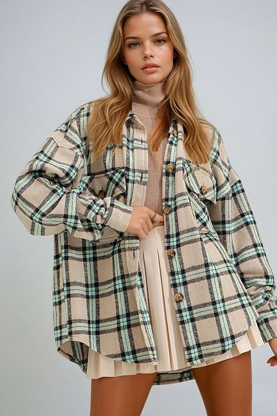 VAGGON Cămașă jachetă oversize din bumbac cu model în carouri bej închis pentru femei Um00003