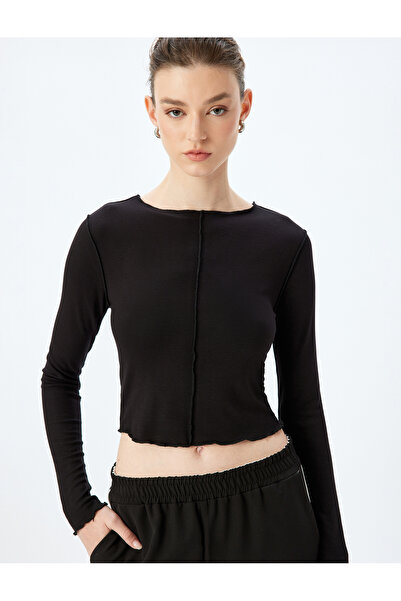 Koton Viskon Dikiş Detaylı Uzun Kollu Bisiklet Yaka Tişört