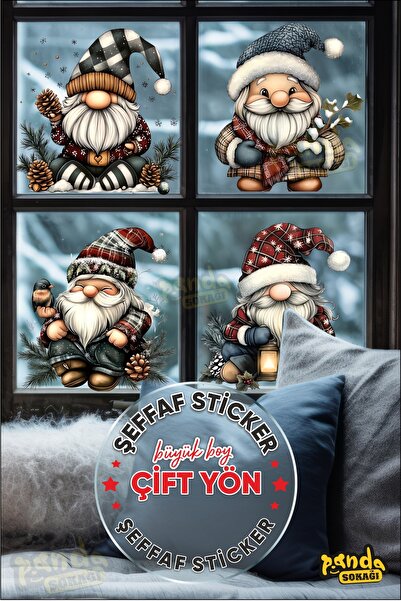 PANDA SOKAĞI Çift Yön Sevimli Noel Cüceler 4'lü Set Yılbaşı Sticker Yeni Yıl Sticker Çift Yön Sticker