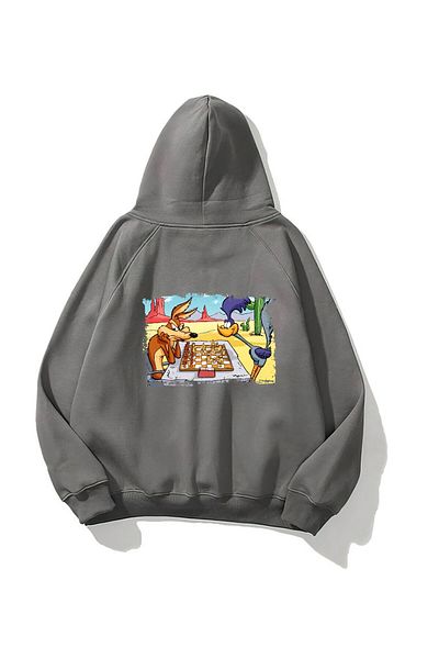 The Champ Clothing Φούτερ με κουκούλα Fleece Chess Cartoon με στάμπα καπνιστό Unisex Oversize φούτερ με κουκούλα