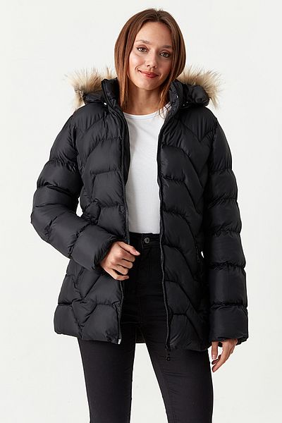 Select Moda Γυναικείο πουπουλένιο παλτό με κουκούλα μαύρη γούνα