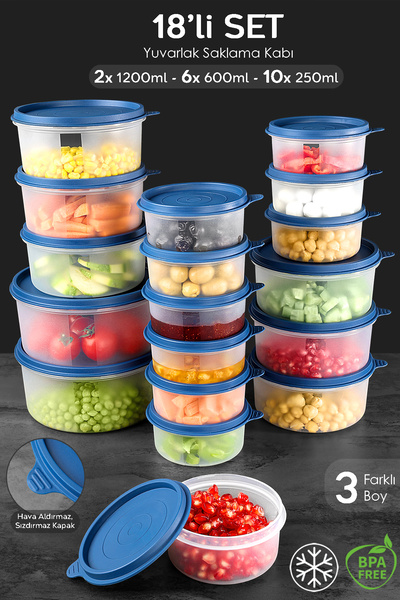 Meleni Home 18-Piece Dark Blue Round Food Storage Set - 10X250 6X600 2X1200Ml Food Container