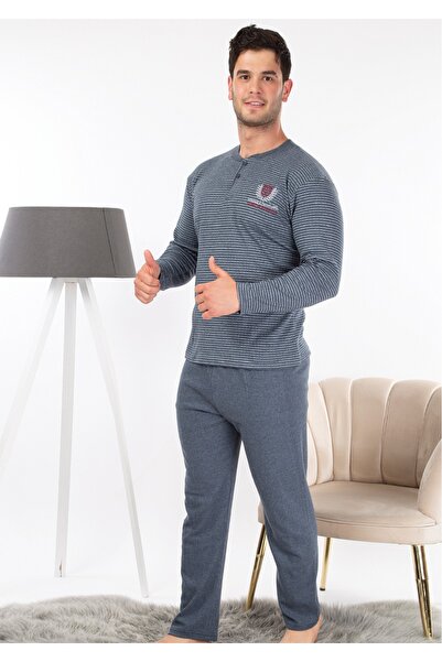 MEBA Kışlık Erkek Interlok Yaka Düğmeli Uzun Kollu Çizgili Antrasit Penye Pijama Takımı